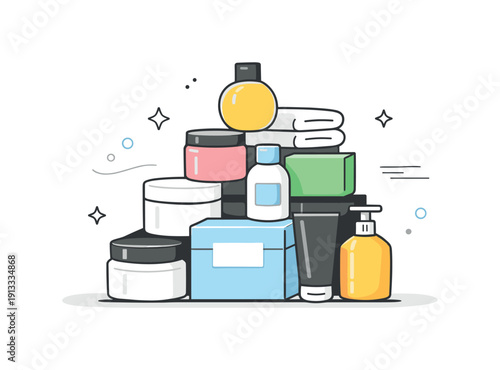 Product display pyramid. A calm editorial scene showing products neatly stacked in a pyramid formation, creating a sense of