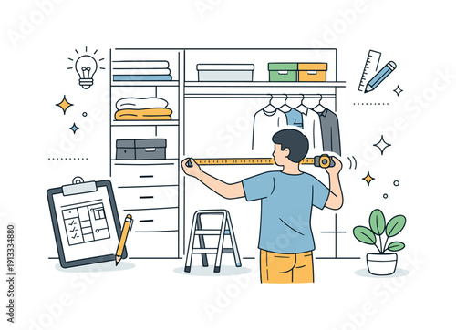 Building a walk-in closet. A person measuring shelves and hanging space with a tape measure, planning a custom closet layout in a calm