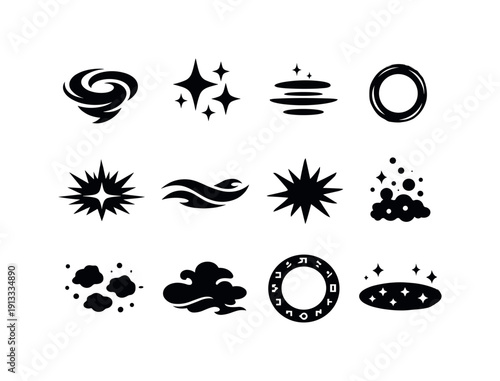 Magic Aura Elements. Solid icon set of Magic Aura Elements: energy swirl, sparkles, levitation lines, aura ring, glow effect, arcane wave,