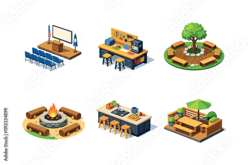 Gathering spaces. Isometric flat vector icons set of gathering spaces: town hall meeting room, maker space workbench, outdoor seating circle,