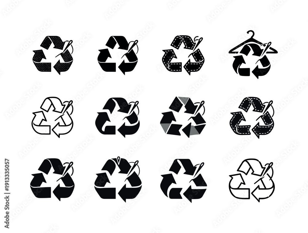 Fototapeta premium Circular economy in fashion. Icon set. Set Logo of Circular economy in fashion: stitched recycling symbol. harmonious logo variations of the