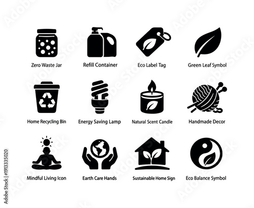 Sustainable Decor Icons. Sustainable Lifestyle Decor. Solid icon set of Sustainable Lifestyle Decor: zero waste jar, refill container, eco label tag, green