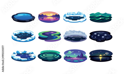 Methane Lakes. Colorful flat vector icons set of Methane Lakes: liquid lake, reflective surface, icy shore, hydrocarbon waves, polar basin,