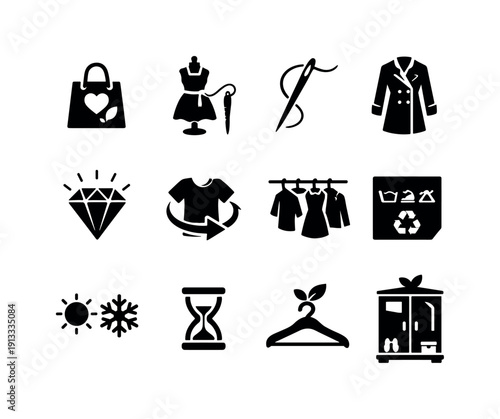 Slow Fashion Movement. Solid icon set of Slow Fashion Movement: mindful shopping bag, hand-sewn dress, repair needle, timeless coat, quality
