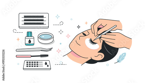 Cosmetic lash enhancement process. A calm editorial scene showing eyelash extensions, applicator tools, and gentle hand movements during
