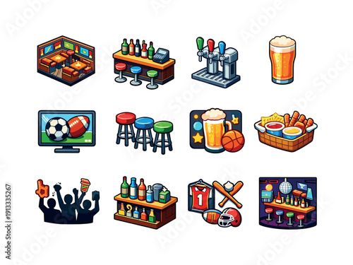 Sports bars. Colorful isometric vector icons set of Sports bars: sports bar interior, bar counter, beer tap, pint glass, big screen TV, bar