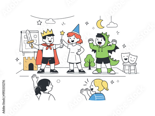 Theater in education. Students performing a small stage scene in a classroom, using simple props and expressive gestures. The illustration