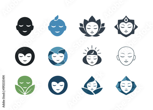Inner peace. Icon set. Set Logo of inner peace: calm face with closed eyes. harmonious logo variations of the same emblematic concept, each