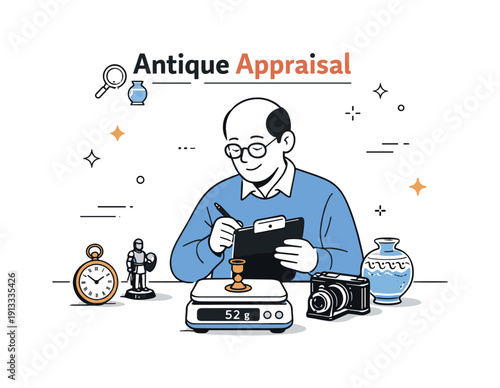Expert Appraisal Scene. Antique value assessment. An appraiser weighing small historic objects and marking notes on a clipboard, steady and methodical mood.