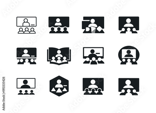 Virtual Classroom Logos. Virtual classrooms. Icon set. Set Logo of virtual classrooms: online classroom with teacher and screen. harmonious logo variations of