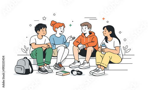 Teen leisure without stereotypes. Teens sharing a calm moment outdoors, sitting on steps or a bench, casually talking. Unforced interaction