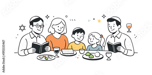 Passover Seder Gathering. Passover family moment. Adults and children sitting together at the seder, gentle smiles and calm listening. Friendly, inclusive