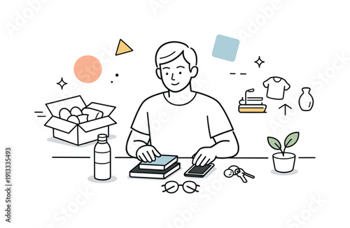 Minimalist lifestyle and decluttering trends. Person calmly sorting a few essential items on a clean table, removing excess objects. Feeling