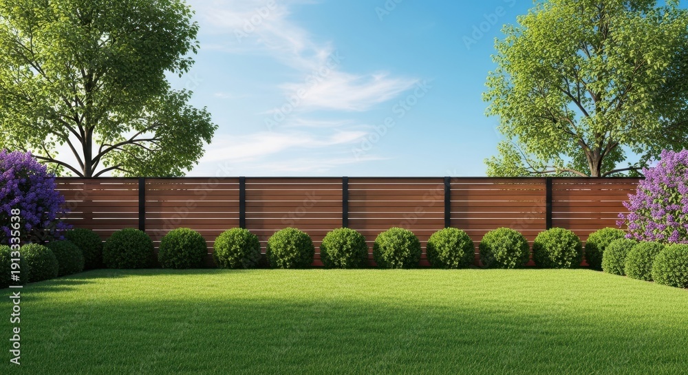 Obraz premium Modern wood fence separates backyard lawn. Green trees rise above private garden barrier. Round trimmed bushes, purple lavender plants line property edge. Sunny day provides calm outdoor atmosphere.