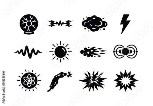 Plasma. Solid icon set of plasma physics: plasma sphere, electric arc, ionized gas cloud, lightning bolt, energy wave, glowing orb, particle