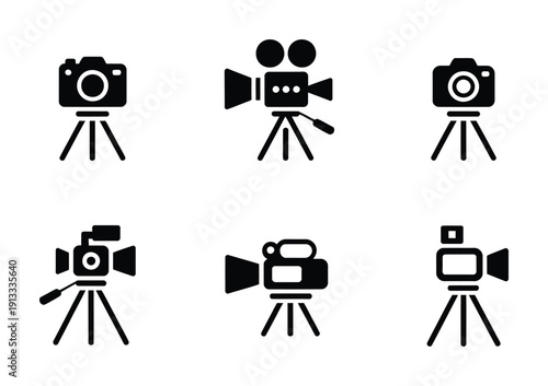 Vector of various camera icons on tripods in black