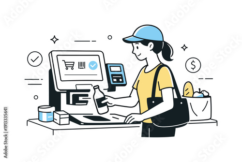 Self-checkout machine. A shopper calmly scanning items at a self-checkout kiosk, focused and independent. Clean retail scene with simple