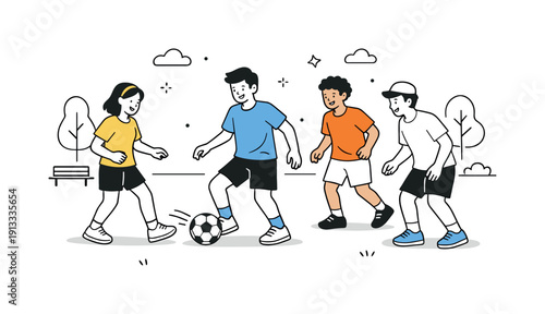 Playing soccer in the park with friends. A calm editorial scene of friends casually playing soccer on green grass, passing the ball and