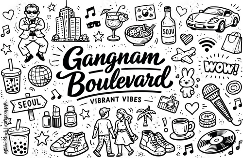 Gangnam Boulevard vibrant vibes, hand drawn doodle elements set, center hand-lettered title, black & white vector line art, bold