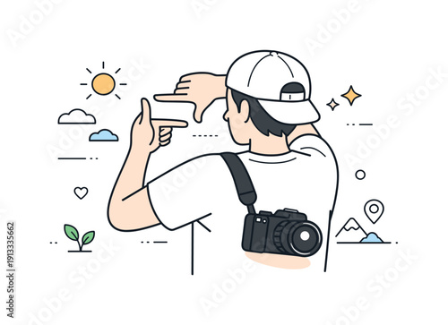 Summer photography as a hobby. Camera resting on a shoulder as the person pauses to frame a shot in warm daylight. Calm focus and enjoyment