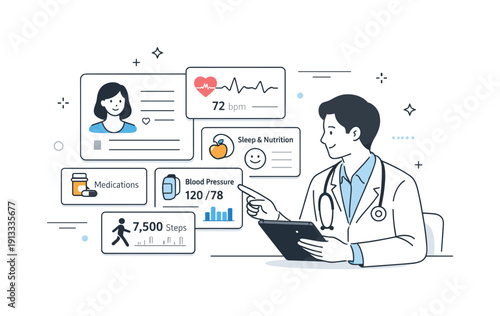 Fully personalized healthcare. A doctor reviewing a digital patient profile with tailored data cards and charts, calm and professional mood.