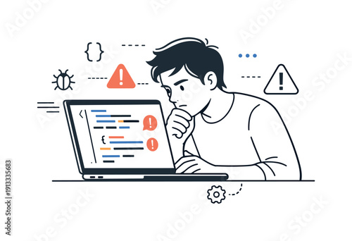 Debugging Focus. Debugging code on screen. A developer looking closely at a laptop screen filled with code, focused attention and calm problem-solving mood.