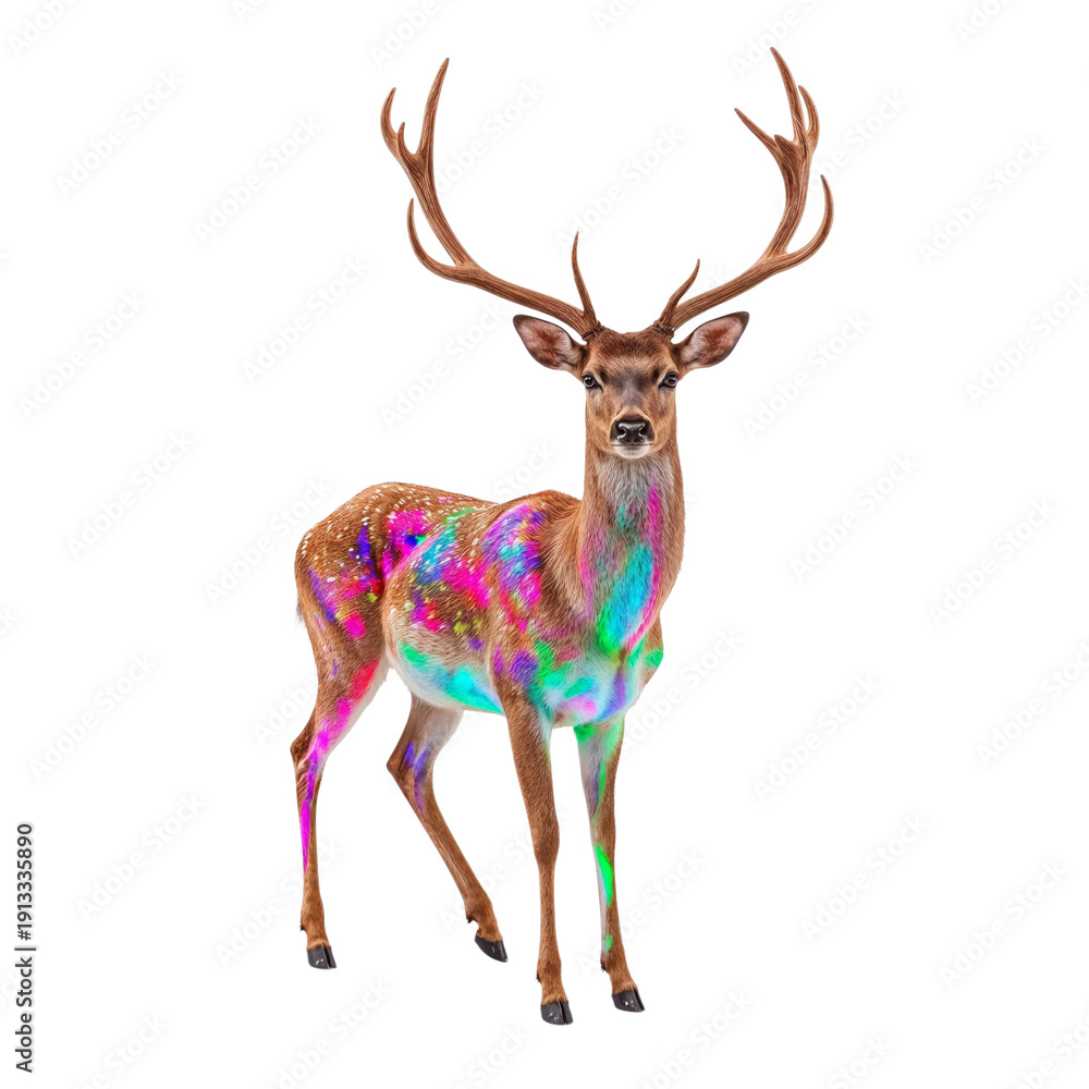 Fototapeta premium Colorful Deer Displays Bright Paint Patterns in an Artistic Setting During Daytime