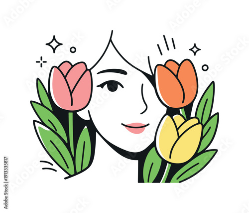 Close-up portraits with tulips. Close view of a face partially framed by tulip flowers, calm expression and soft focus. Intimate mood, gentle