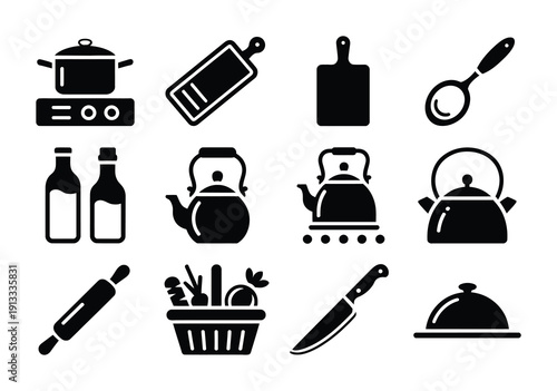 Vector illustration of various kitchen utensils and appliances on a white background