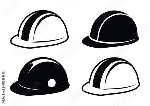 Vector illustration of four different colored hard hats in a row