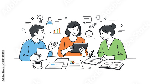 Research collaboration. A small team discussing ideas around shared documents and a tablet, calm and focused interaction. Papers, charts, and