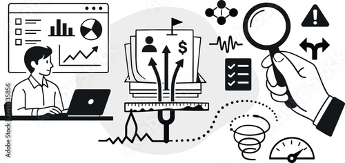 Modern minimal flat vector conceptual collage, crisp hard edges, consistent THIN outline stroke, rounded corners where needed,