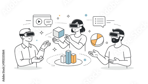 Virtual reality collaboration. Team members wearing VR headsets, interacting with shared virtual objects in a calm, focused way. Modern
