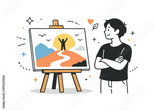 Personal growth through artistic expression. A person standing back and smiling at their finished artwork. The mood is warm, empowering, and