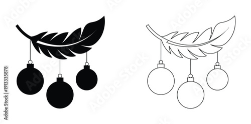 Vector graphic of christmas ornaments hanging from a leaf in a dual color and line art style