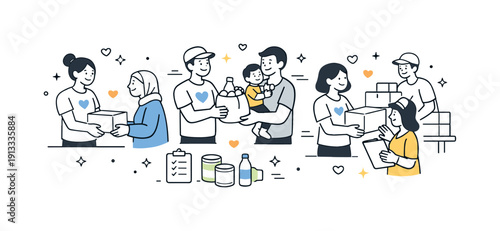 Volunteerism community support. Volunteers handing out boxes and supplies to people, friendly interaction and teamwork with small hearts and