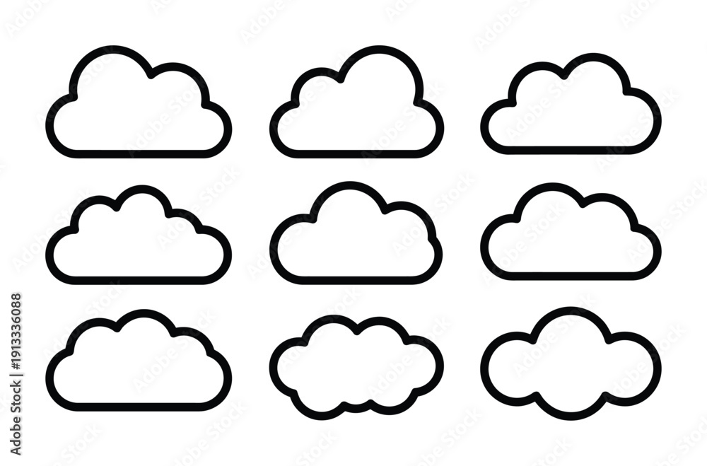 Obraz premium Vector illustration of nine different cloud shapes on a white background