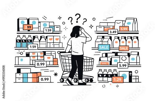 Overloaded supermarkets aesthetics. Shopper slowly pushing a cart through packed shelves, moment of hesitation and choice overload. Everyday