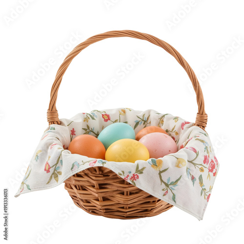 Colorful Eggs Fill a Woven Basket With Straw for Easter Celebration in Spring...