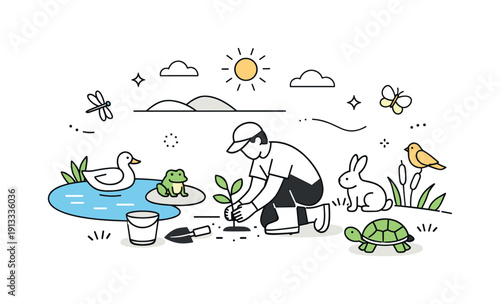 Saving animal habitats. A person restoring a natural area with water, plants, and simple animal icons, sense of balance and environmental