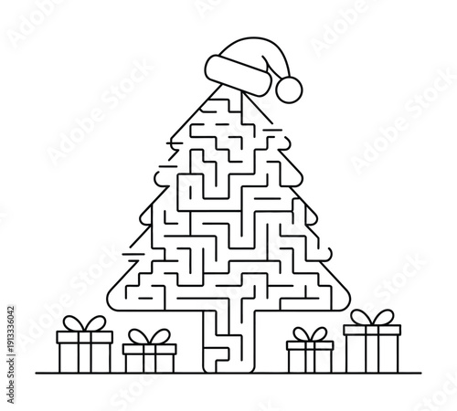Vector christmas tree maze with presents and a santa hat on top for a fun holiday challenge