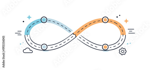Endless Digital Cycle. Endless progress indicator in digital systems. A looping timeline with checkpoints repeating softly, no final endpoint shown. The mood
