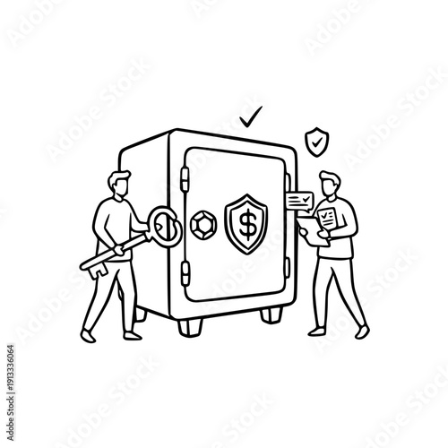 Secure Bank Vault with Guards Illustration – Financial Security and Money Protection Concept Icon