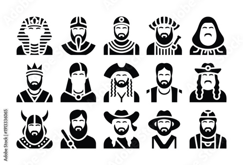 Vector of various historical and fictional characters in black