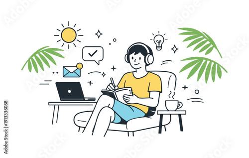 Remote onboarding in summer months. New hire sitting comfortably with headphones, taking notes while palm leaves and sunlight suggest a