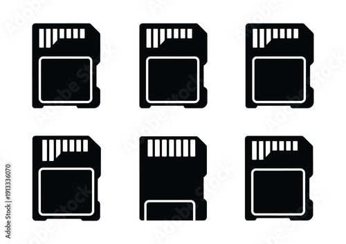 Photos Six vector sd card icons in black and white on a clean background