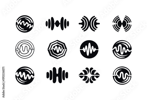 sound waves. Icon set. Set Logo of sound waves: circular vibration rings. harmonious logo variations of the same emblematic concept, each