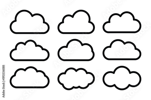 Vector illustration of nine different cloud shapes on a white background