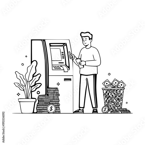 Personal Banking and ATM Withdrawal Illustration – Man Using Automated Teller Machine for Financial Cash Transaction Icon