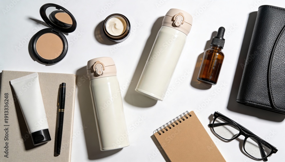 Obraz premium Stylish Cosmetic Products and Accessories on Minimalist Background